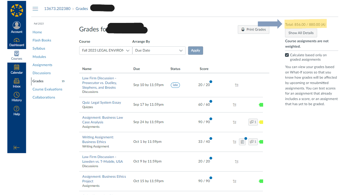 Redacted learning-management-system grade screenshot showing 856 out of 880 points, grade A.