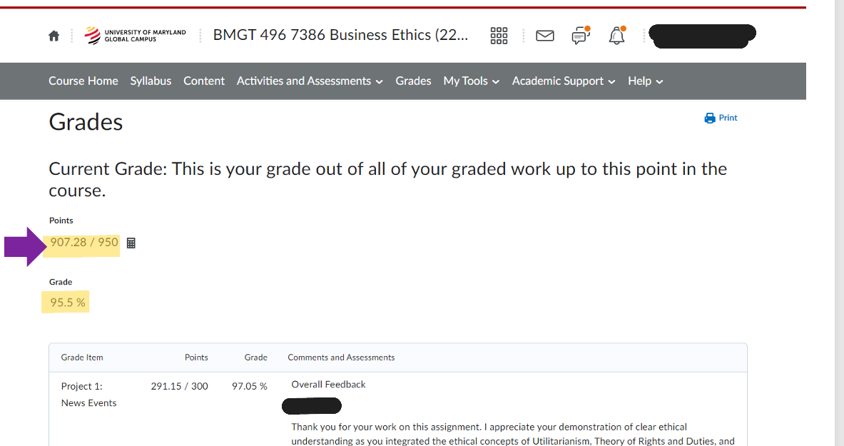 Redacted learning-management-system grade screenshot showing a grade of 95.5 percent.