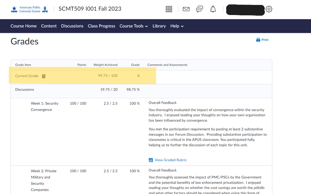 Redacted learning-management-system grade screenshot showing 99.75 out of 100, grade A.
