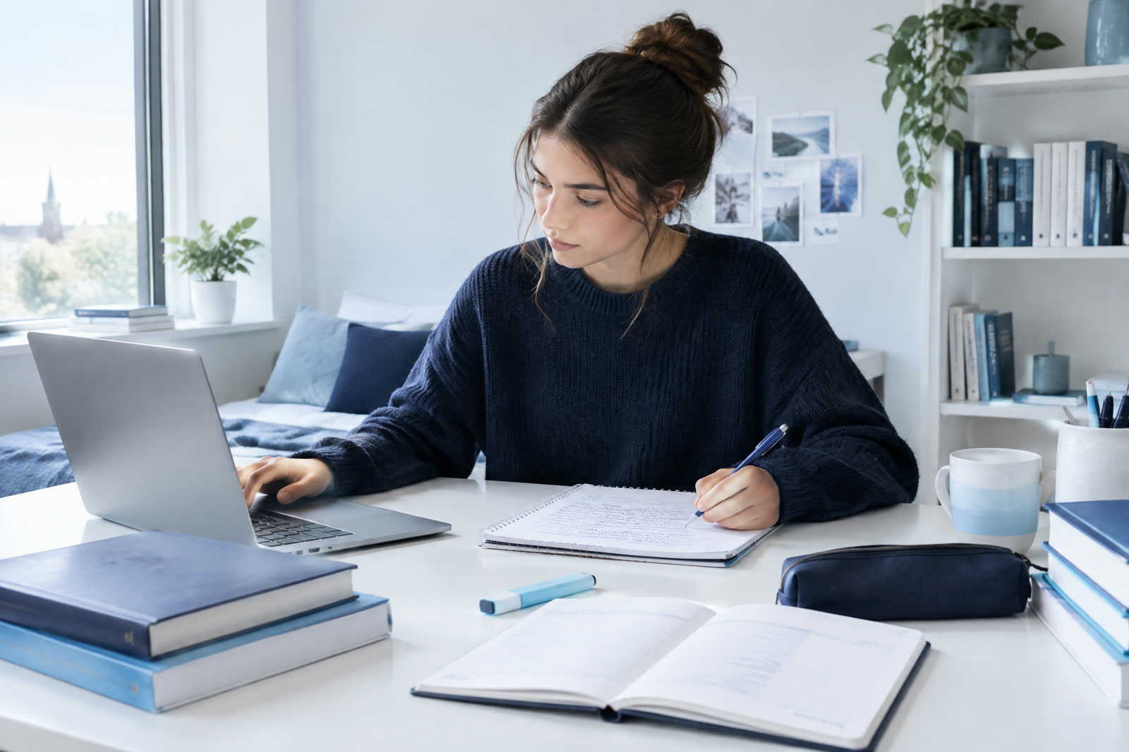 Student organising notes, a laptop and course readings independently