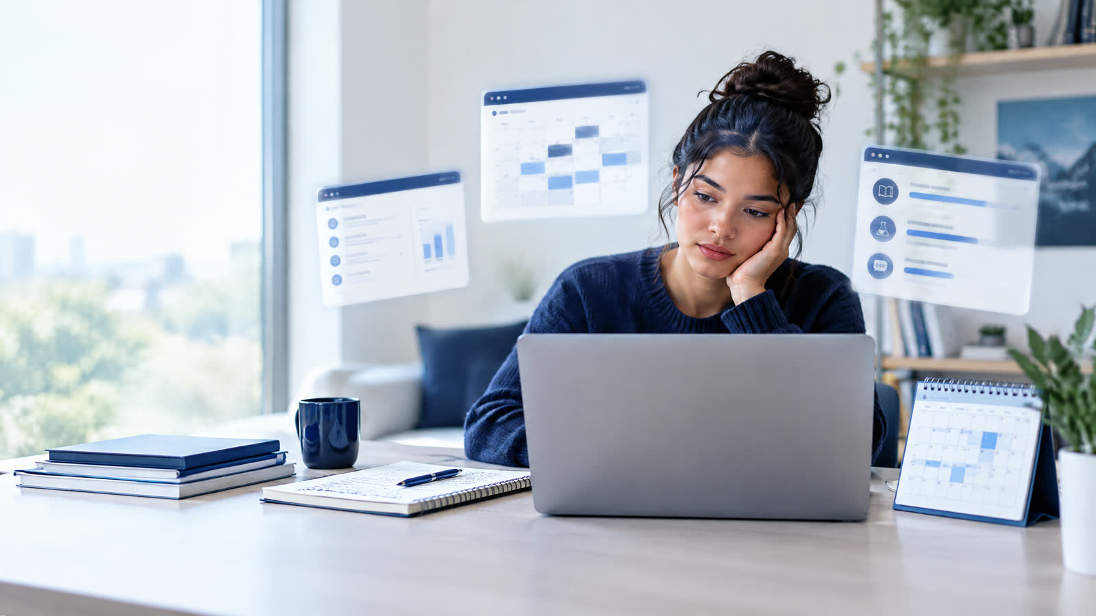 Student juggling multiple online classes and assignments