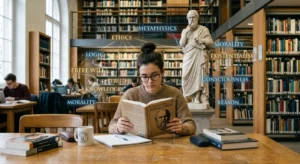 Student learning 200 essential philosophy words with key concepts like ethics, metaphysics, logic, consciousness, free will, and existentialism.