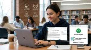 Student submitting an AP Classroom assignment while AI detection tools and academic integrity checks analyze the document for AI-generated content.