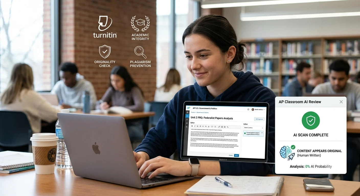 Student submitting an AP Classroom assignment while AI detection tools and academic integrity checks analyze the document for AI-generated content.