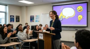Student delivering a funny presentation with engaging speech topics while classmates laugh and enjoy the classroom presentation.