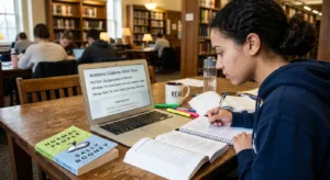 Student learning how to write a book title in an essay using MLA, APA, and Chicago formatting with correct italics, quotation marks, and capitalization.
